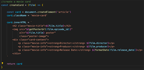JavaScript used to dynamically create and render the poster cards