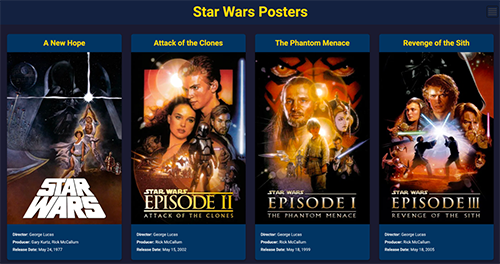 Screenshot of the film poster directory project showing a grid of Star Wars film posters with titles and details.