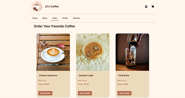 The JJ&rsquo;s Coffee menu page showing the responsive grid layout