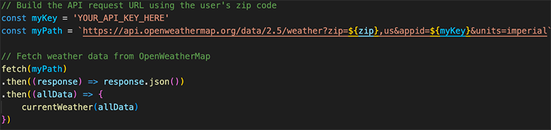 JavaScript code connecting the weather app to the OpenWeatherMap API
